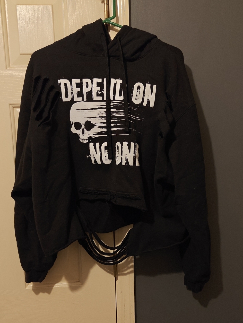 Black Graphic Distressed Hoodie with Skull Print
